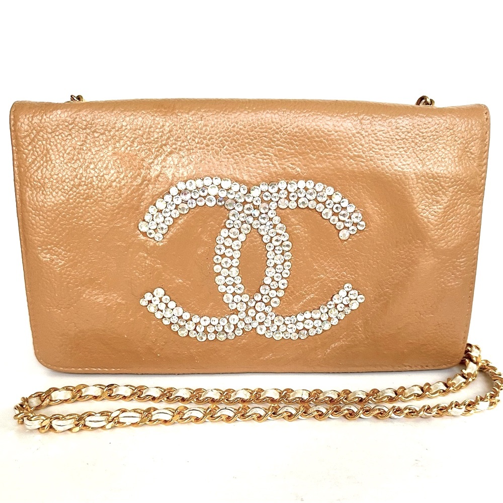 💯 CC Custom Rhinestone Beige Leather Shoulder Chain Bag w/ auth cert